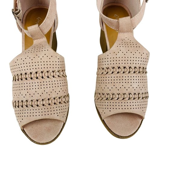 Qupid Boho Ankle Strap Open Toe Chunky Heels Pink Beige Sandals 9 - Picture 4 of 9